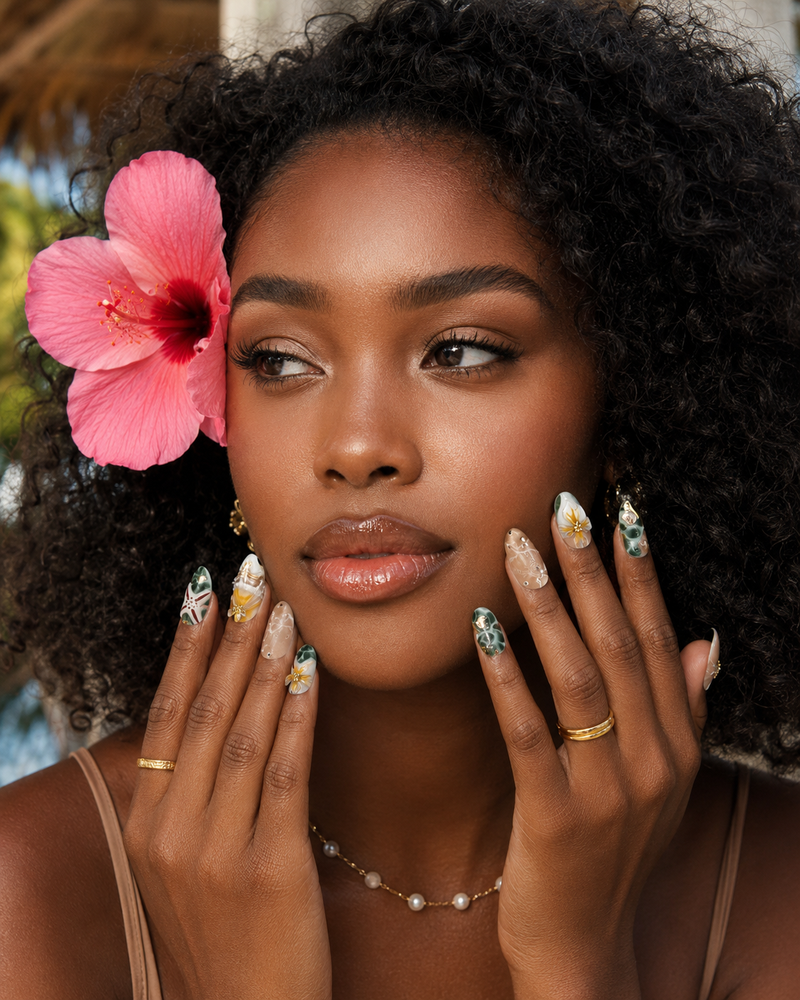 Tropical Ocean Sunset 3D Flower Press On Nails | Reusable Salon Quality Set