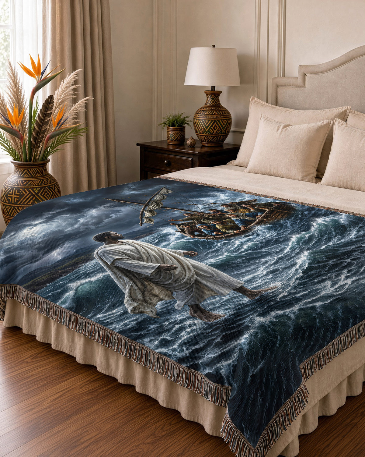 Black Jesus Walking on Water Woven Blanket - Christian Tapestry
