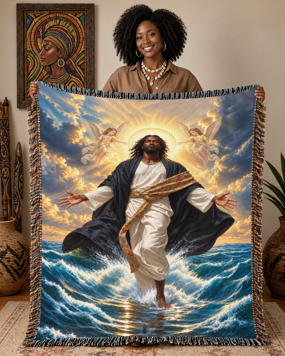Black Jesus With Angels Walk On Water Blanket - Divine Gift
