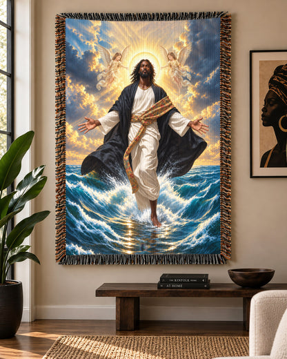 Black Jesus With Angels Walk On Water Blanket - Divine Gift