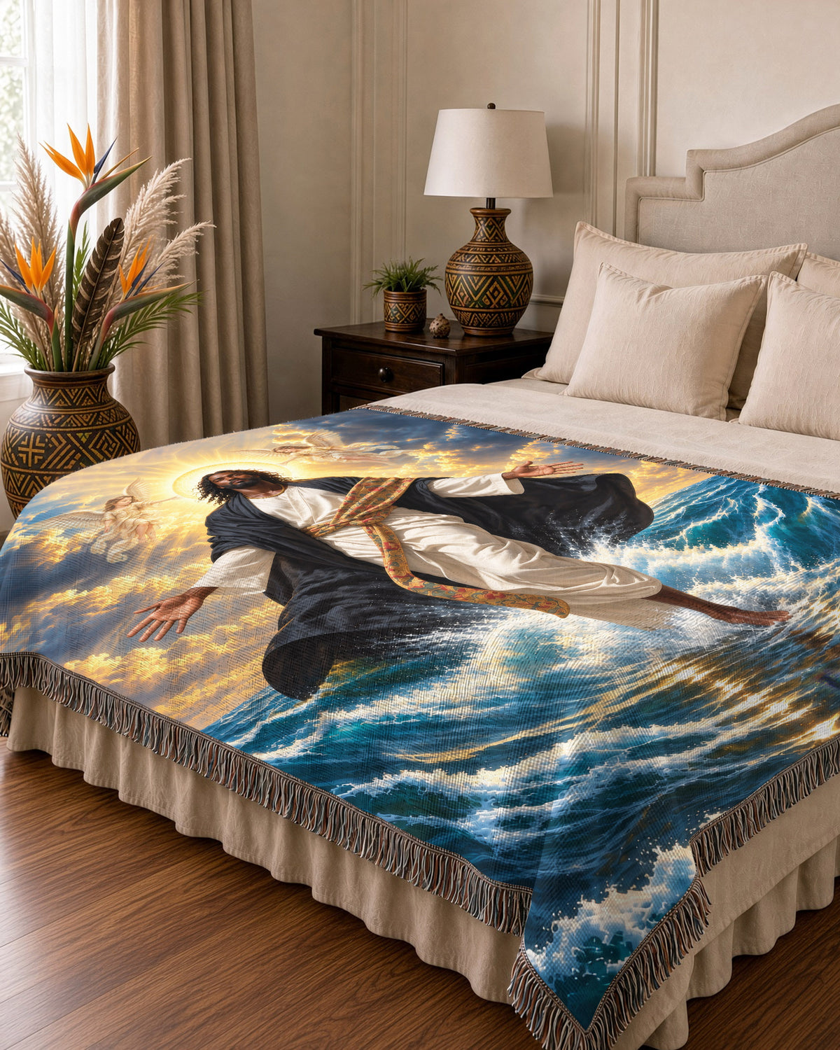 Black Jesus With Angels Walk On Water Blanket - Divine Gift