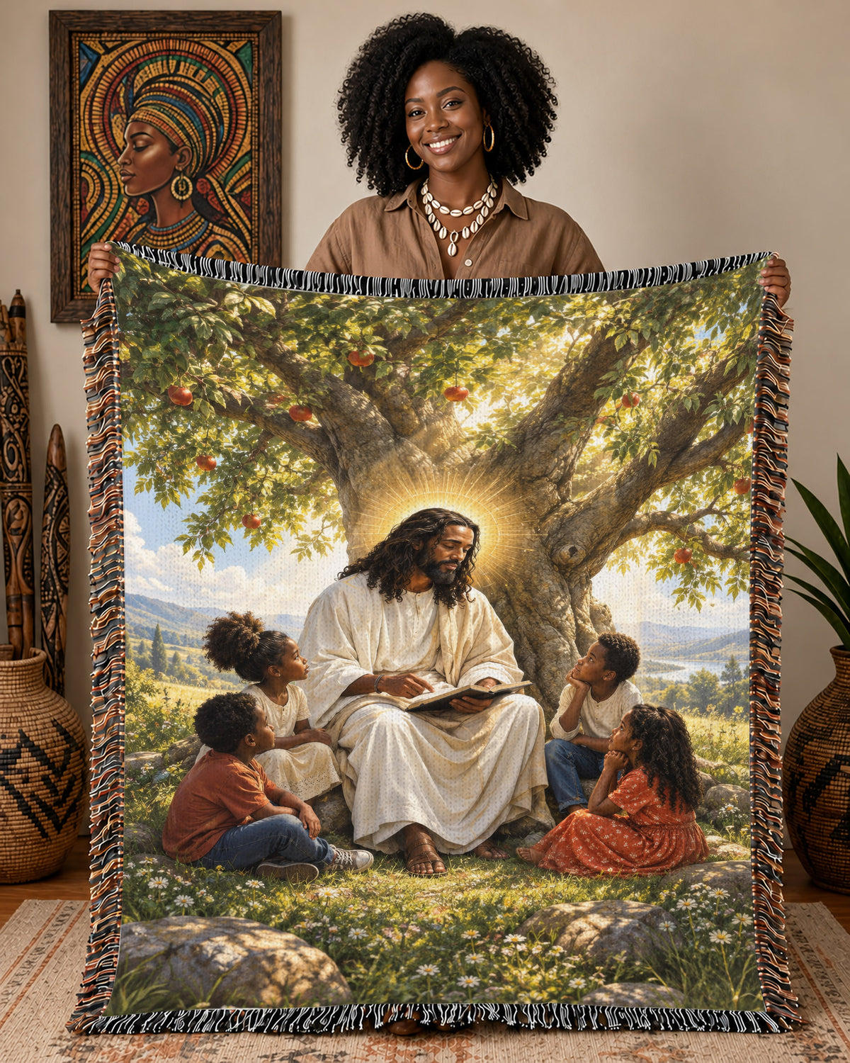 Black Jesus Teaching Children Under Tree Woven Blanket