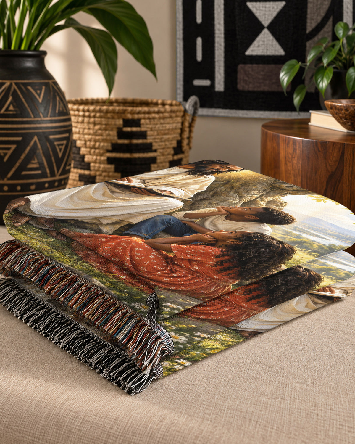 Black Jesus Teaching Children Under Tree Woven Blanket