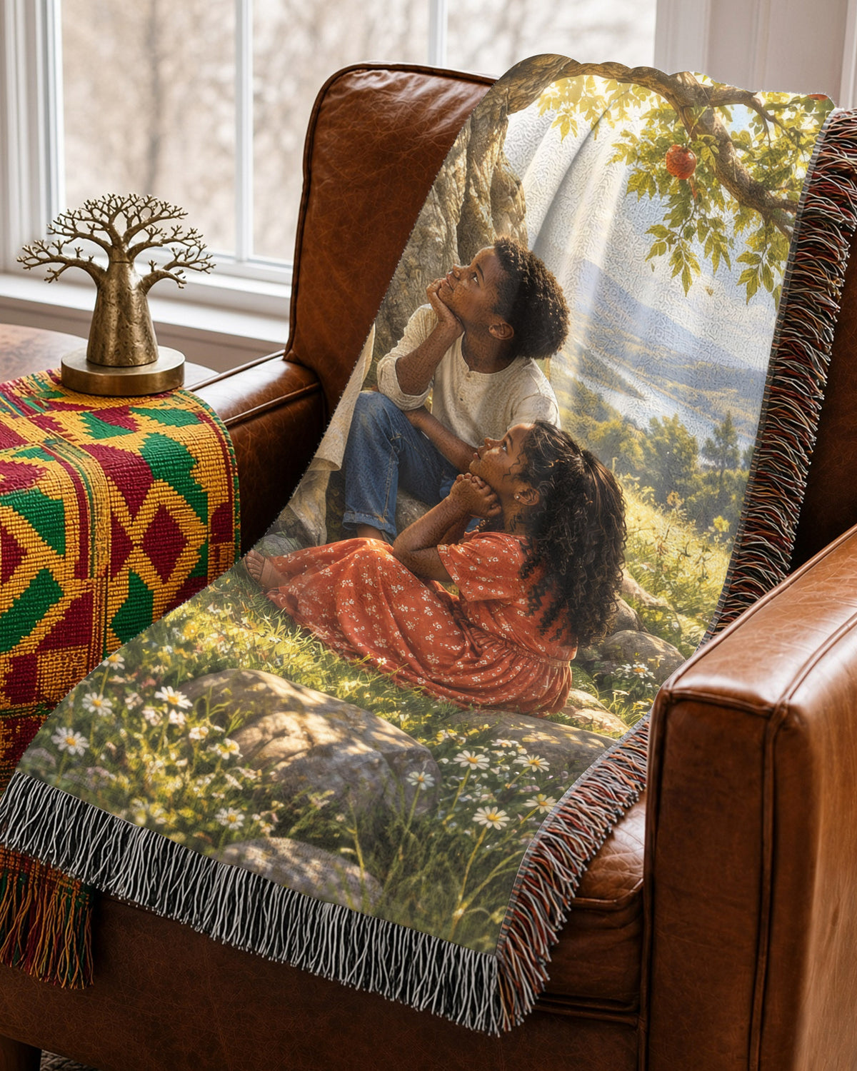 Black Jesus Teaching Children Under Tree Woven Blanket