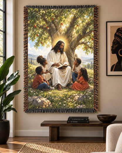 Black Jesus Teaching Children Under Tree Woven Blanket