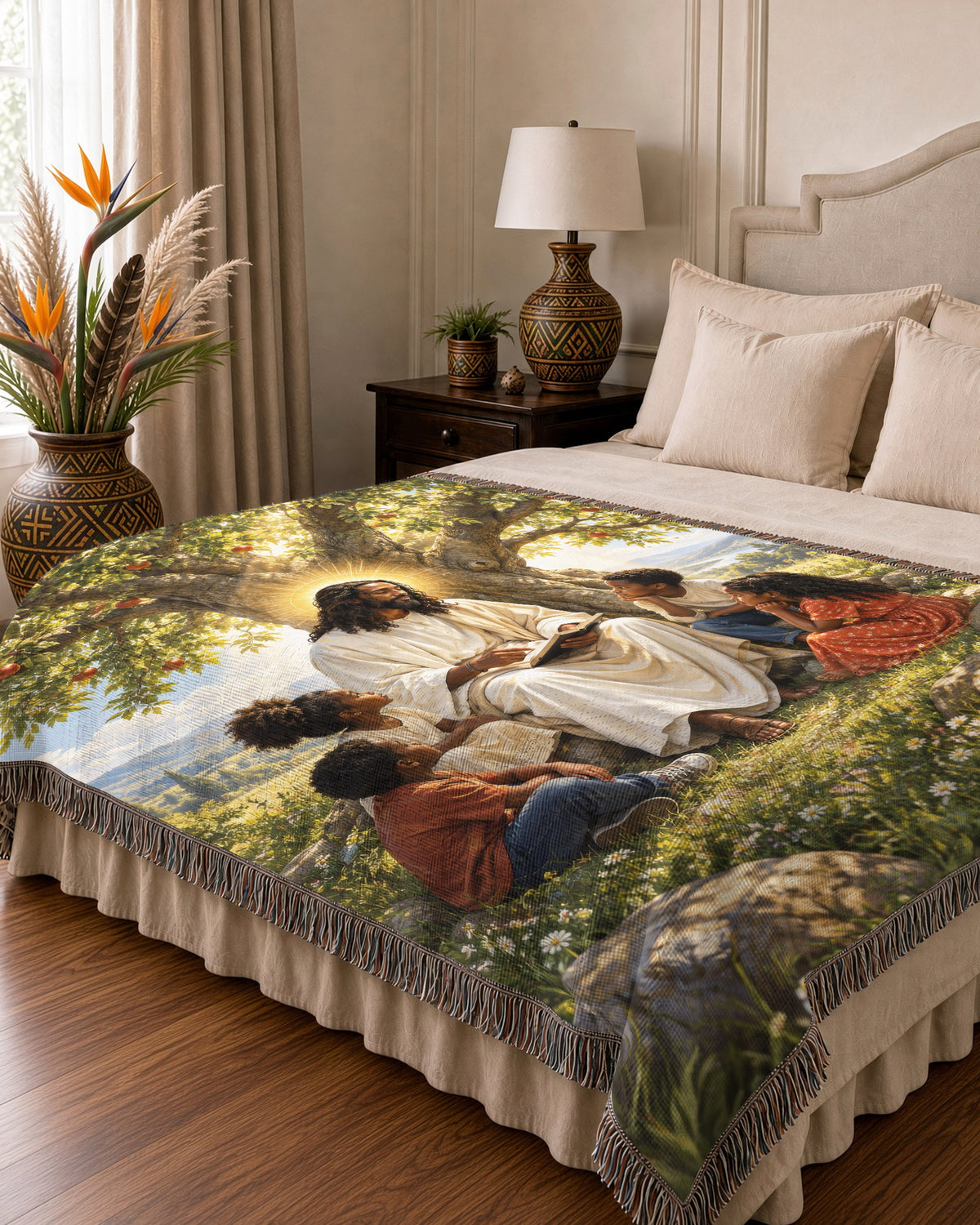 Black Jesus Teaching Children Under Tree Woven Blanket