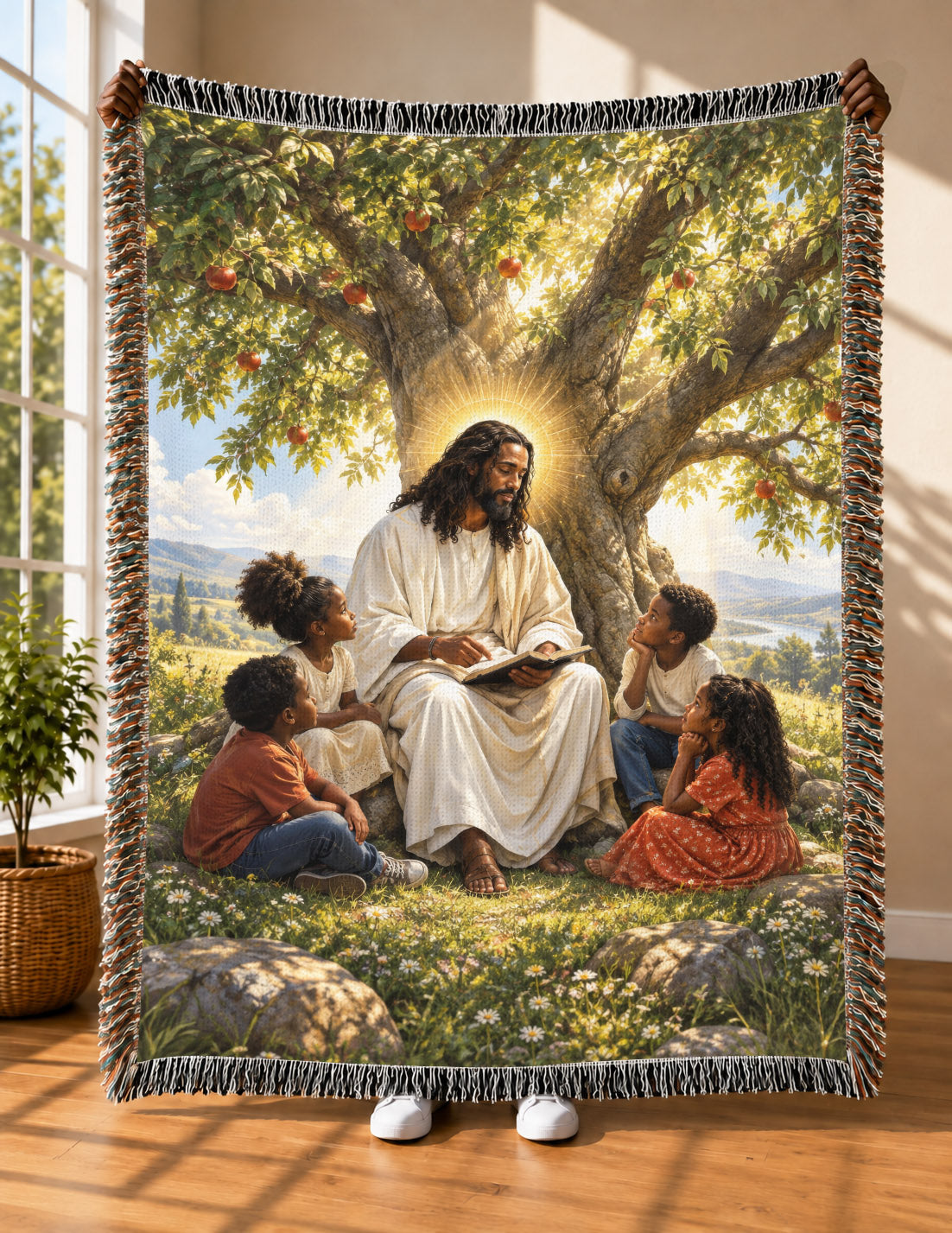 Black Jesus Teaching Children Under Tree Woven Blanket