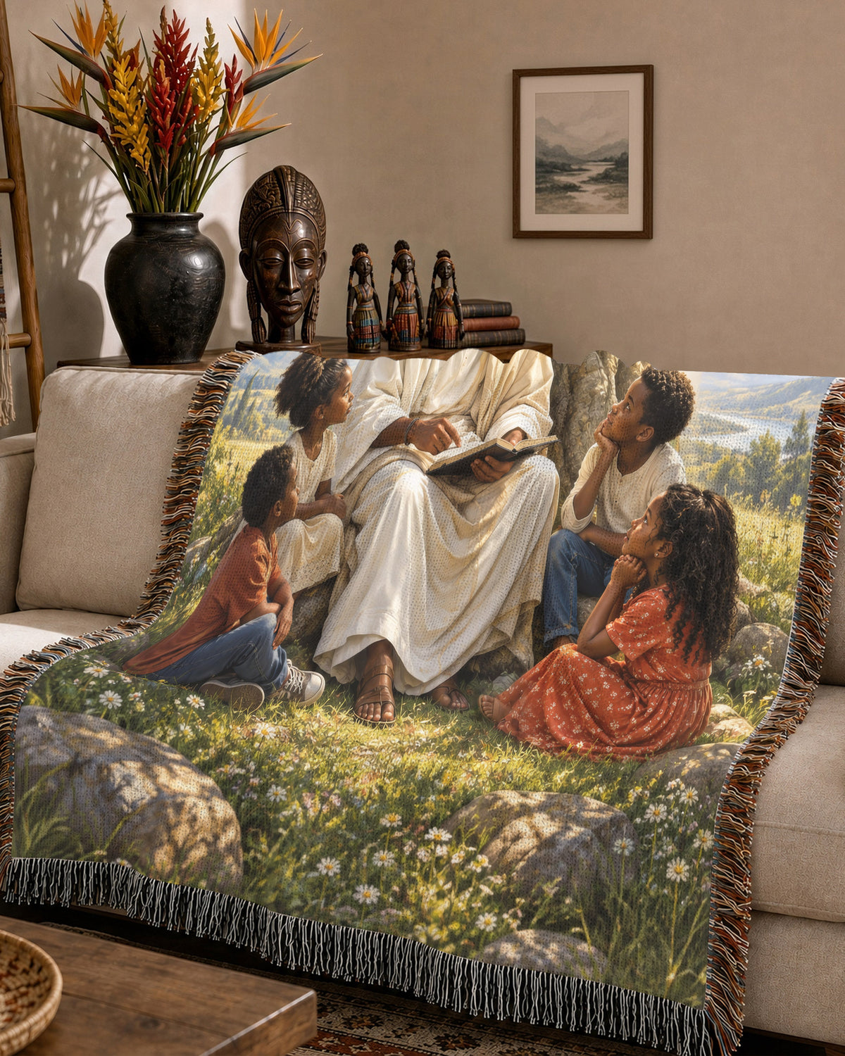 Black Jesus Teaching Children Under Tree Woven Blanket