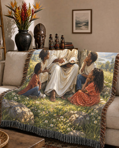 Black Jesus Teaching Children Under Tree Woven Blanket