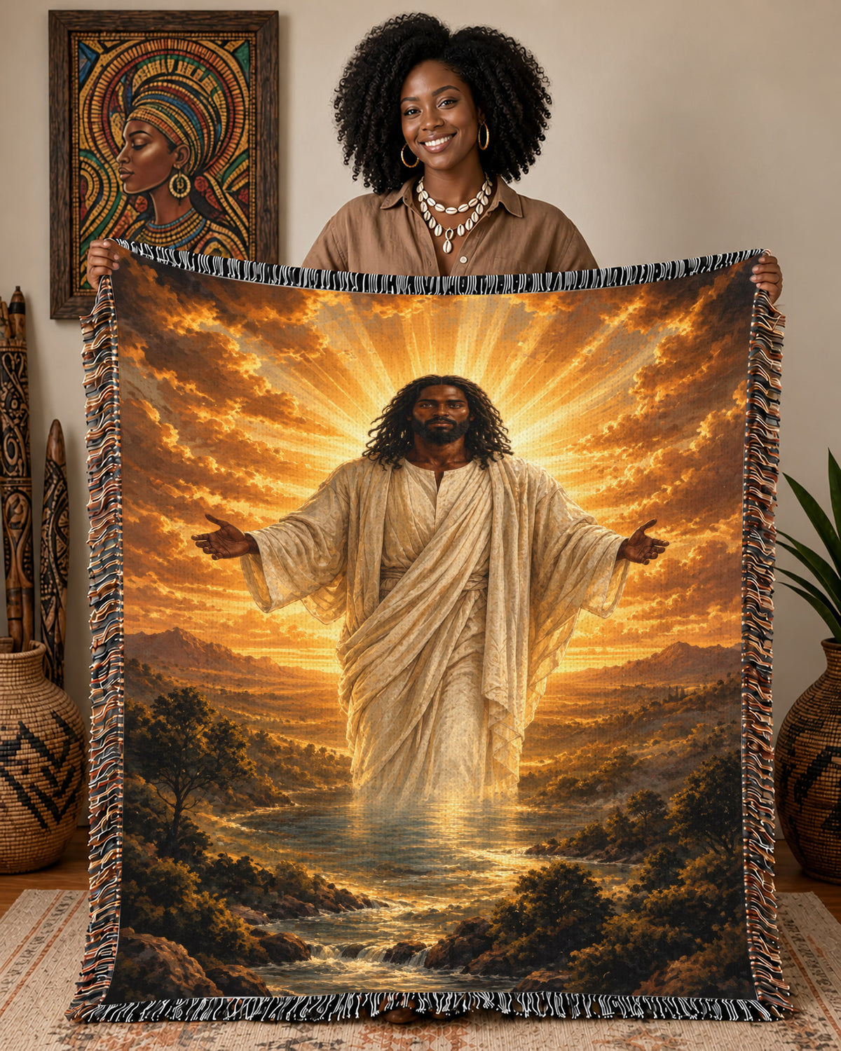 Black Jesus Golden Light River Woven Blanket - Heavenly Decor