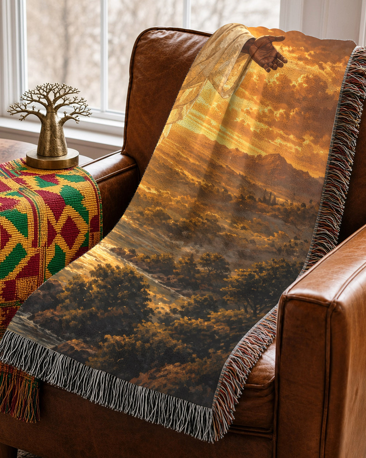 Black Jesus Golden Light River Woven Blanket - Heavenly Decor