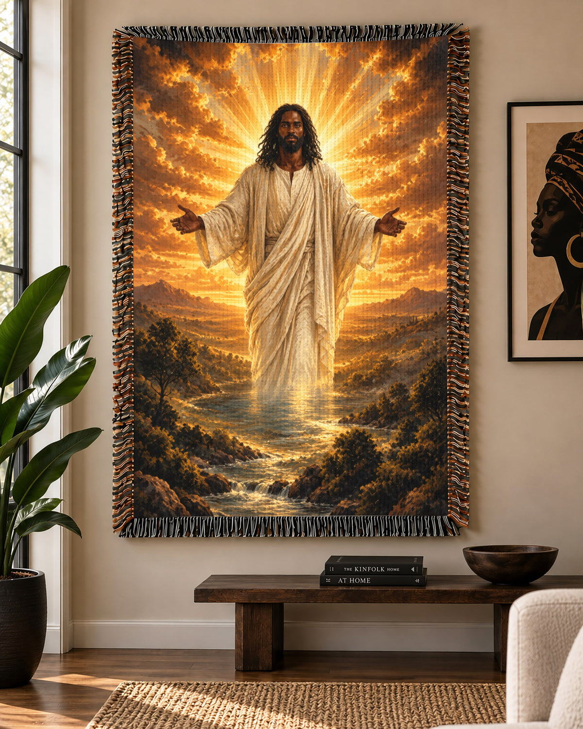 Black Jesus Golden Light River Woven Blanket - Heavenly Decor