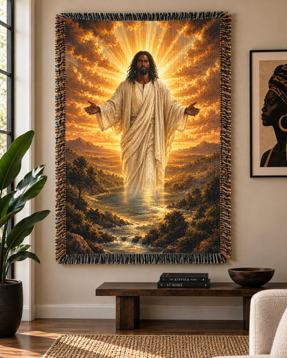 Black Jesus Golden Light River Woven Blanket - Heavenly Decor