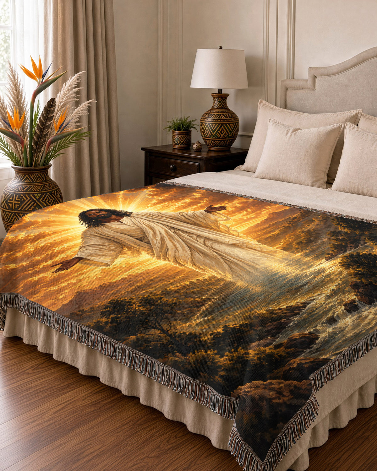 Black Jesus Golden Light River Woven Blanket - Heavenly Decor