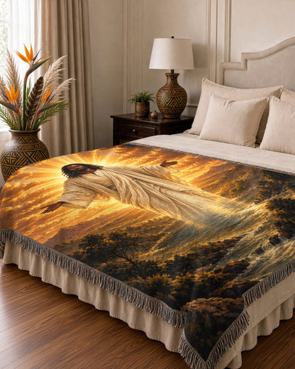 Black Jesus Golden Light River Woven Blanket - Heavenly Decor