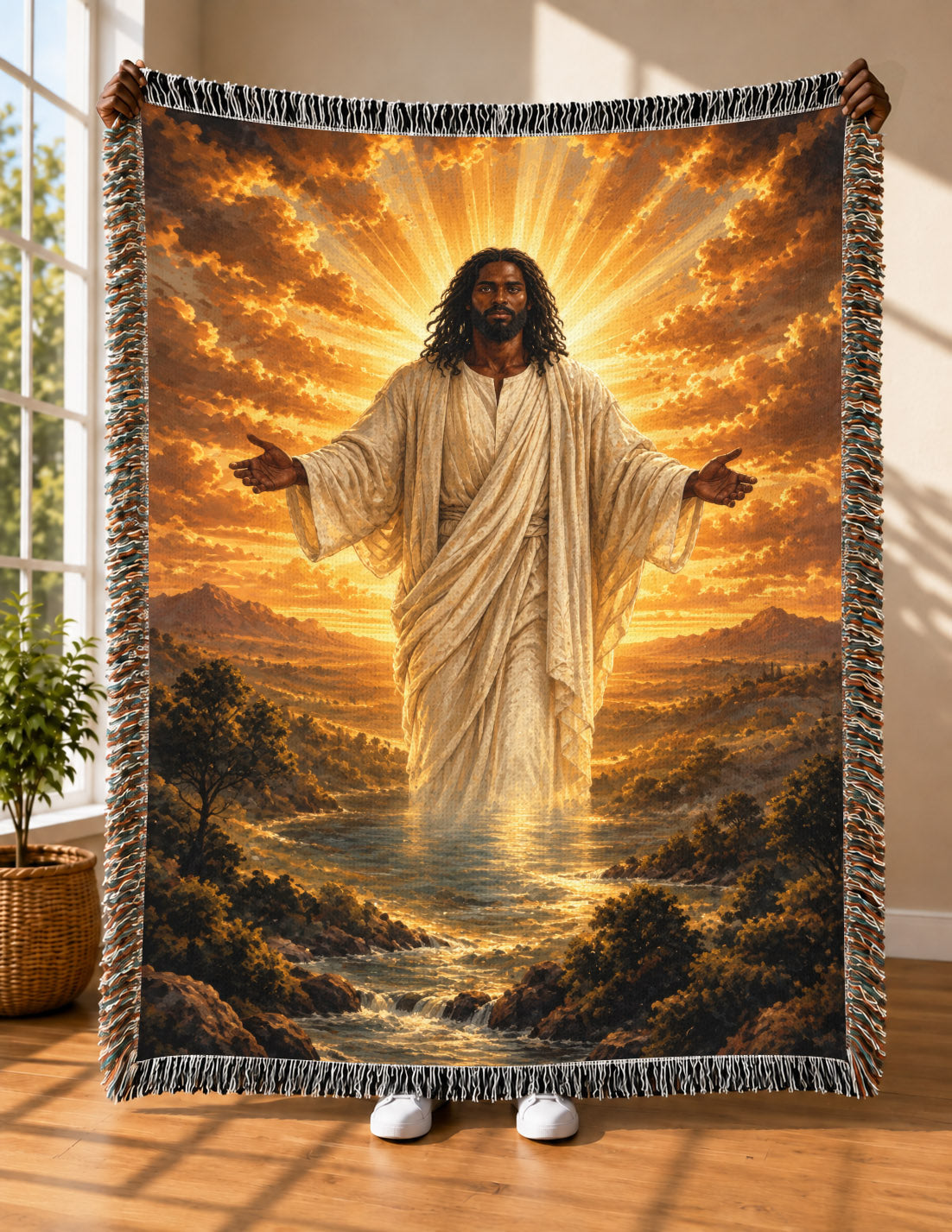 Black Jesus Golden Light River Woven Blanket - Heavenly Decor