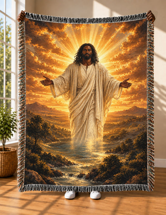 Black Jesus Golden Light River Woven Blanket - Heavenly Decor