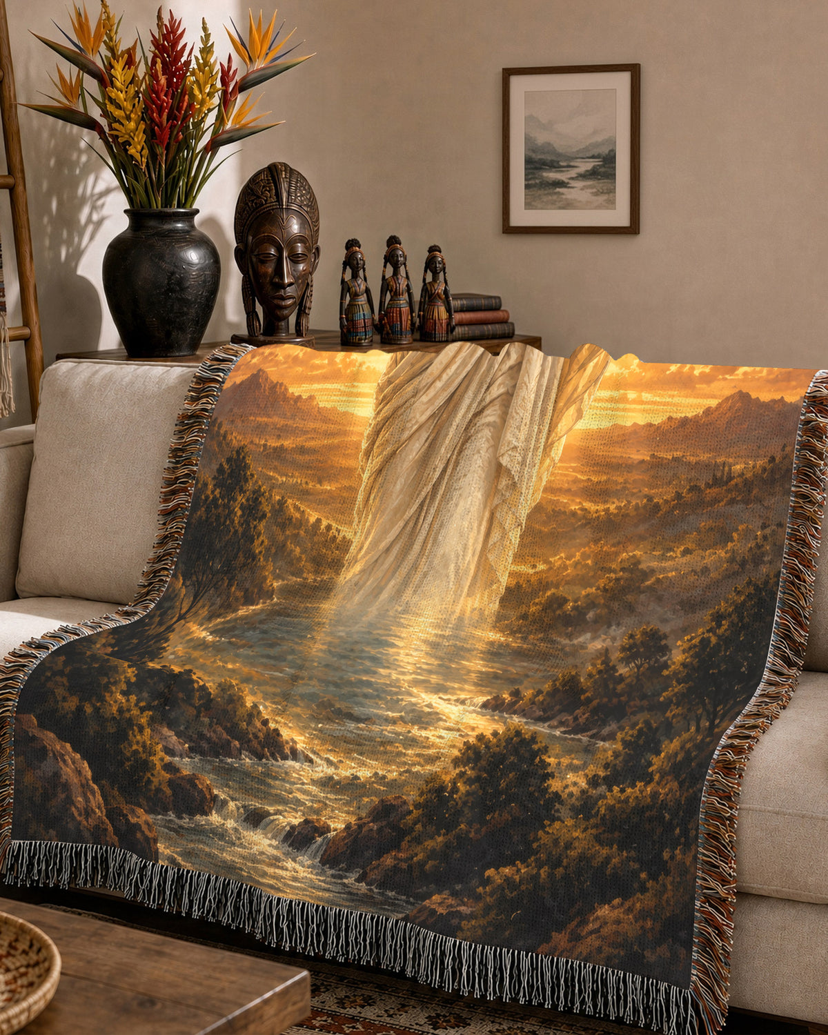 Black Jesus Golden Light River Woven Blanket - Heavenly Decor