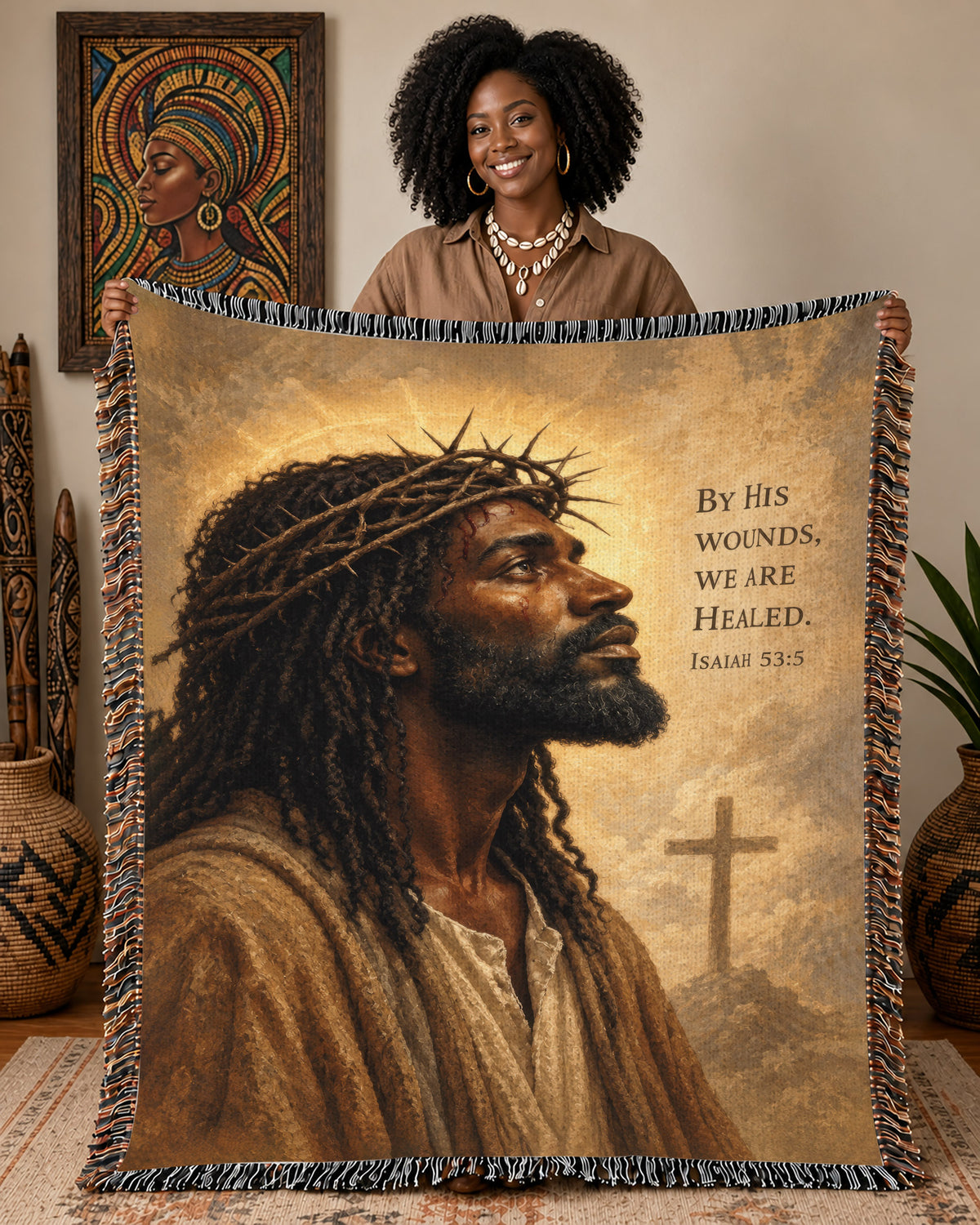 Black Jesus Crown Of Thorns Isaiah 53 5 Woven Blanket - Faith Throw