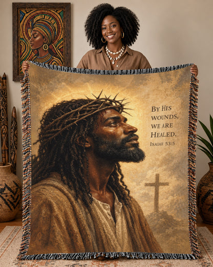 Black Jesus Crown Of Thorns Isaiah 53 5 Woven Blanket - Faith Throw