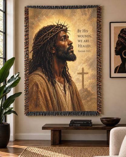 Black Jesus Crown Of Thorns Isaiah 53 5 Woven Blanket - Faith Throw