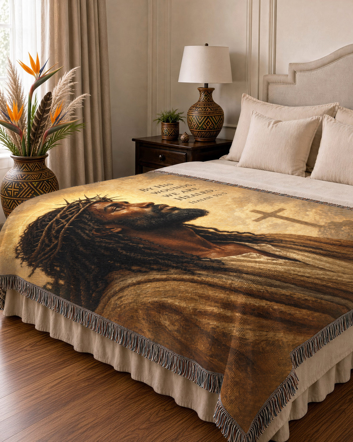 Black Jesus Crown Of Thorns Isaiah 53 5 Woven Blanket - Faith Throw