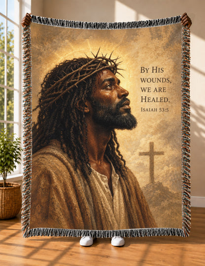 Black Jesus Crown Of Thorns Isaiah 53 5 Woven Blanket - Faith Throw