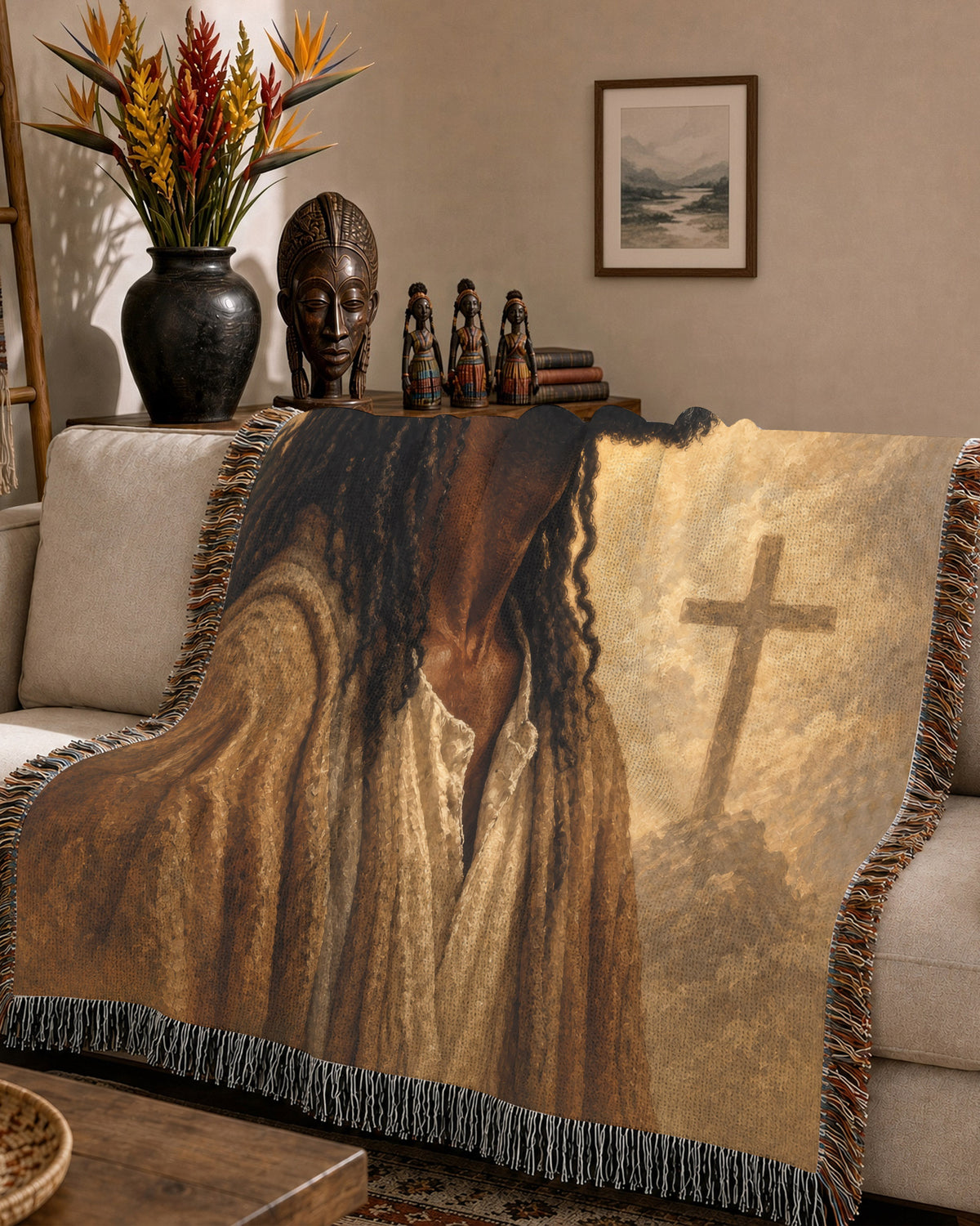 Black Jesus Crown Of Thorns Isaiah 53 5 Woven Blanket - Faith Throw