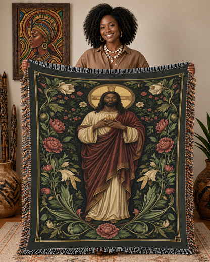 African American Jesus Botanical Floral Woven Tapestry Blanket