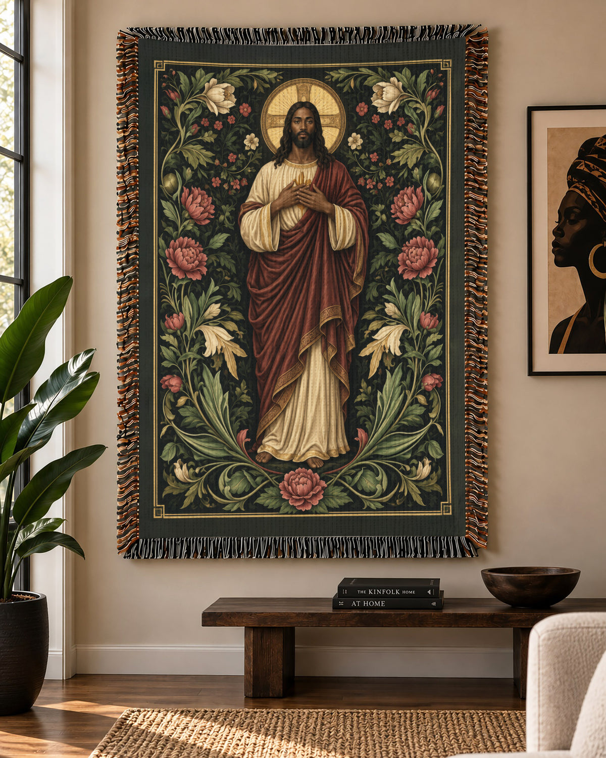 African American Jesus Botanical Floral Woven Tapestry Blanket