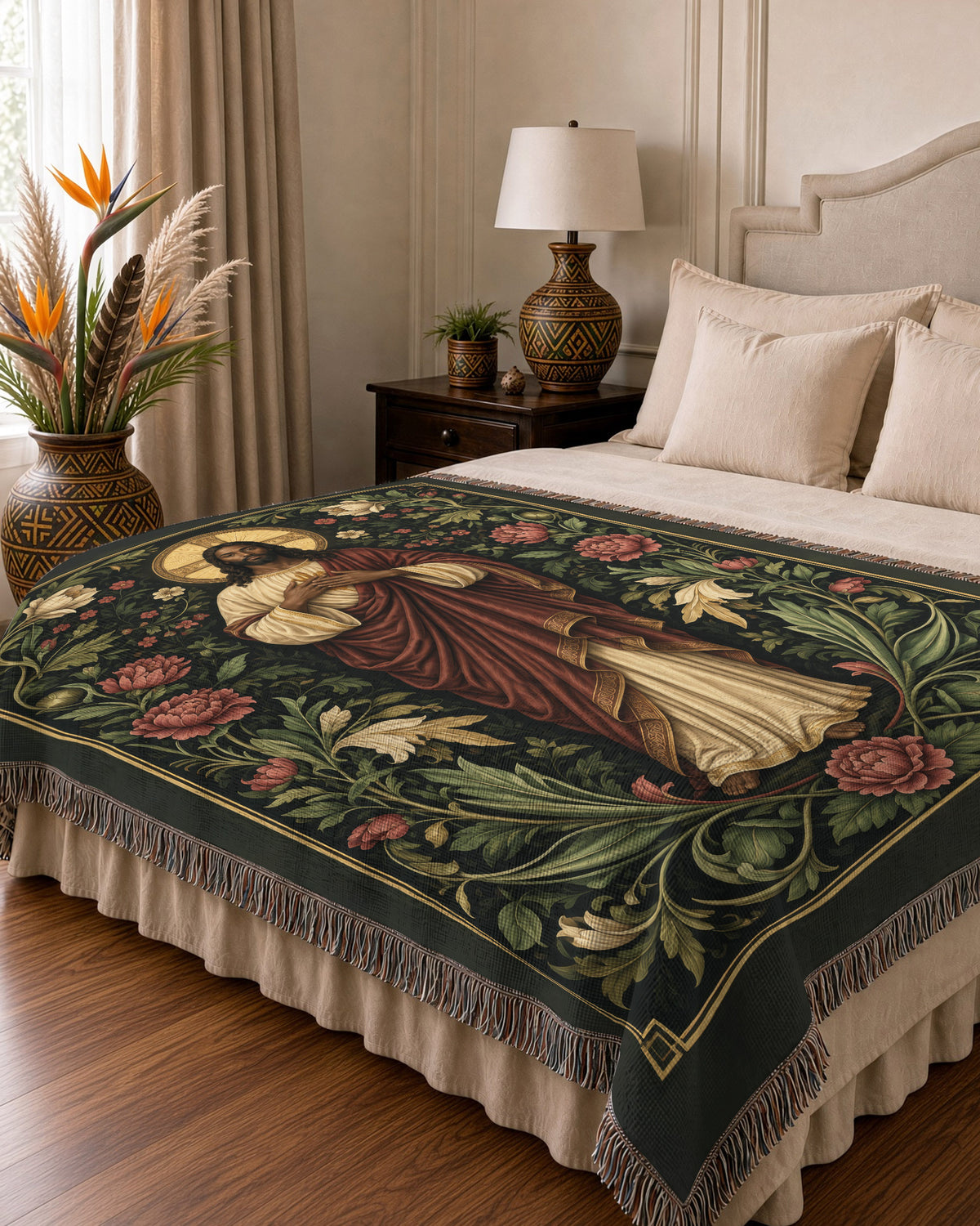 African American Jesus Botanical Floral Woven Tapestry Blanket