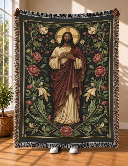 African American Jesus Botanical Floral Woven Tapestry Blanket