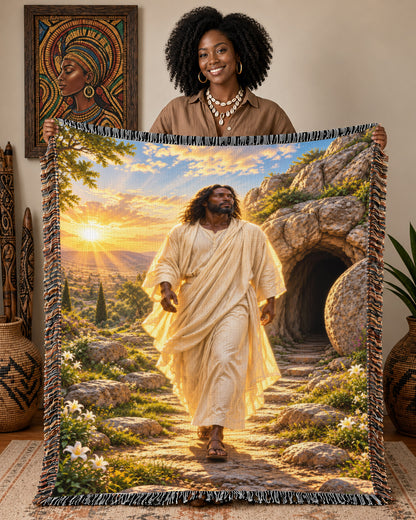 Black Jesus Resurrection Dawn Woven Throw Blanket - Easter Gift