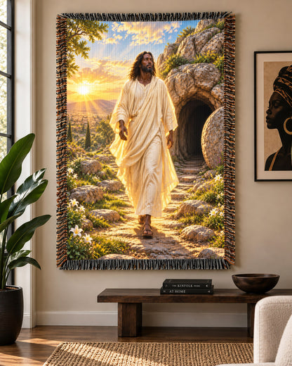 Black Jesus Resurrection Dawn Woven Throw Blanket - Easter Gift
