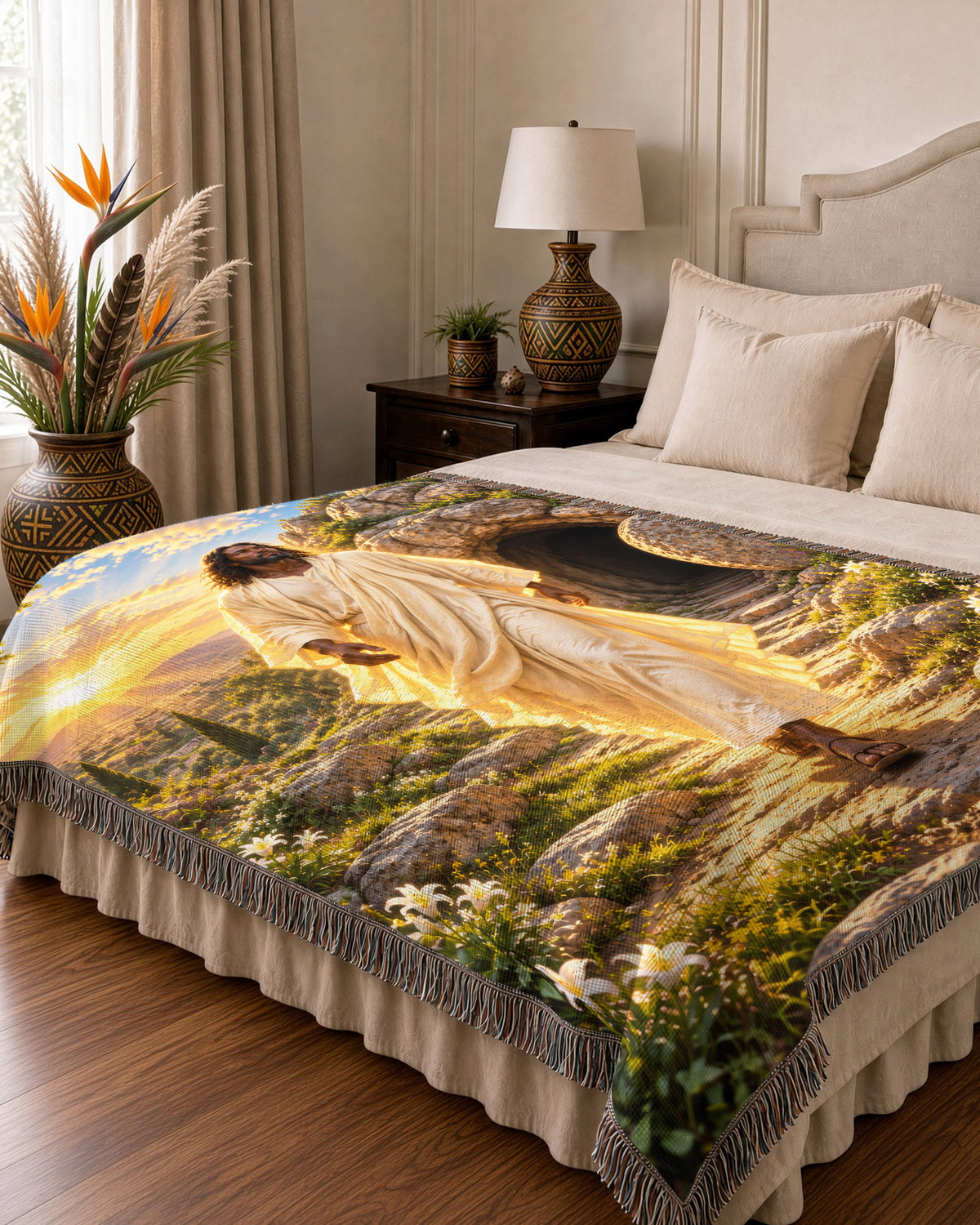 Black Jesus Resurrection Dawn Woven Throw Blanket - Easter Gift