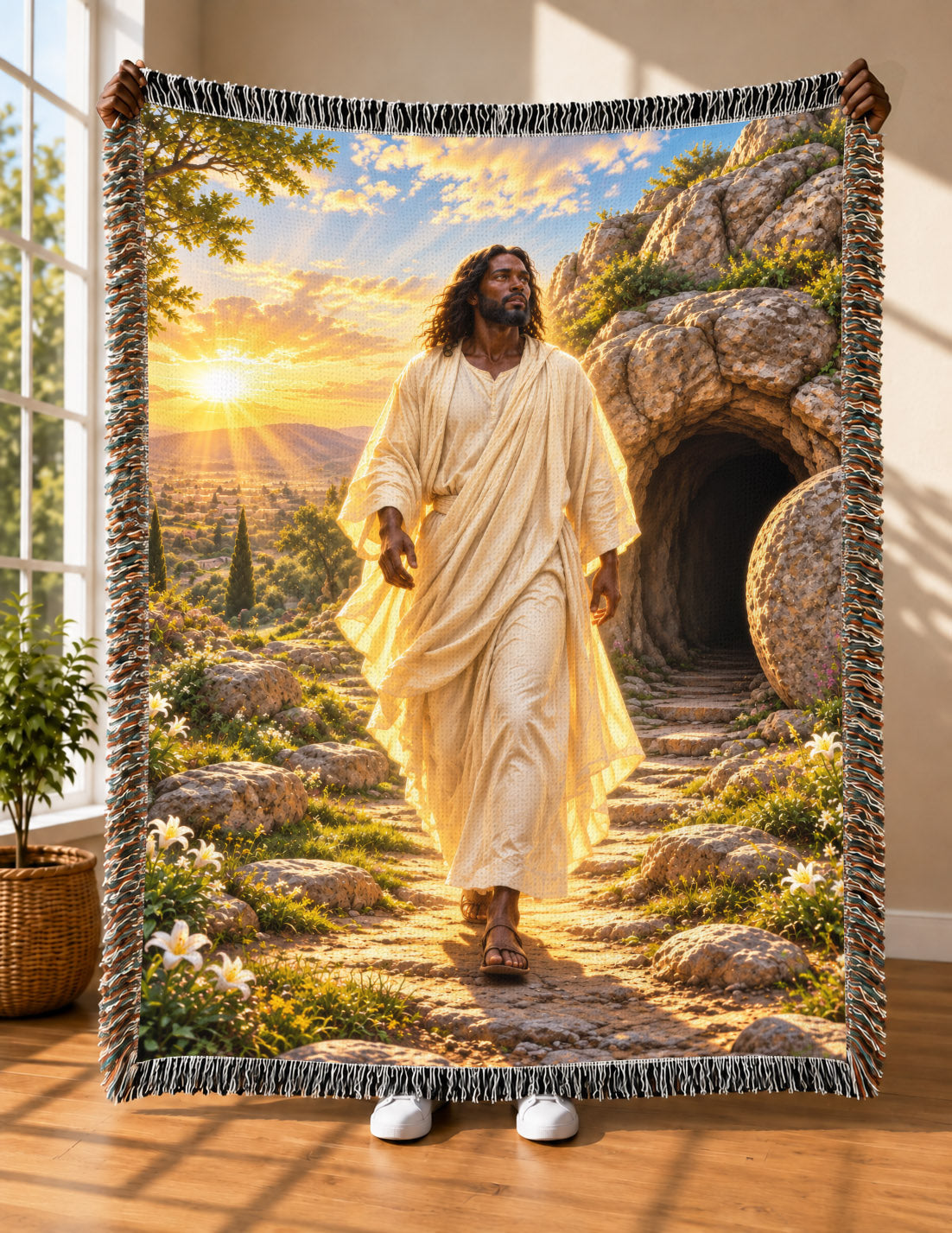 Black Jesus Resurrection Dawn Woven Throw Blanket - Easter Gift