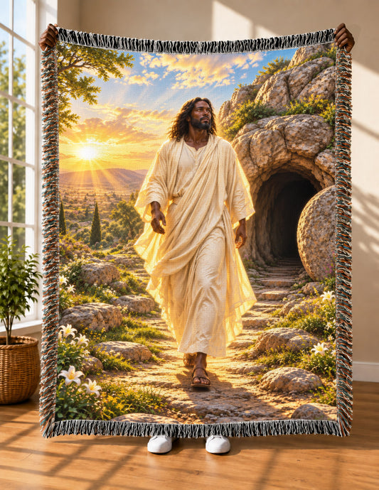 Black Jesus Resurrection Dawn Woven Throw Blanket - Easter Gift
