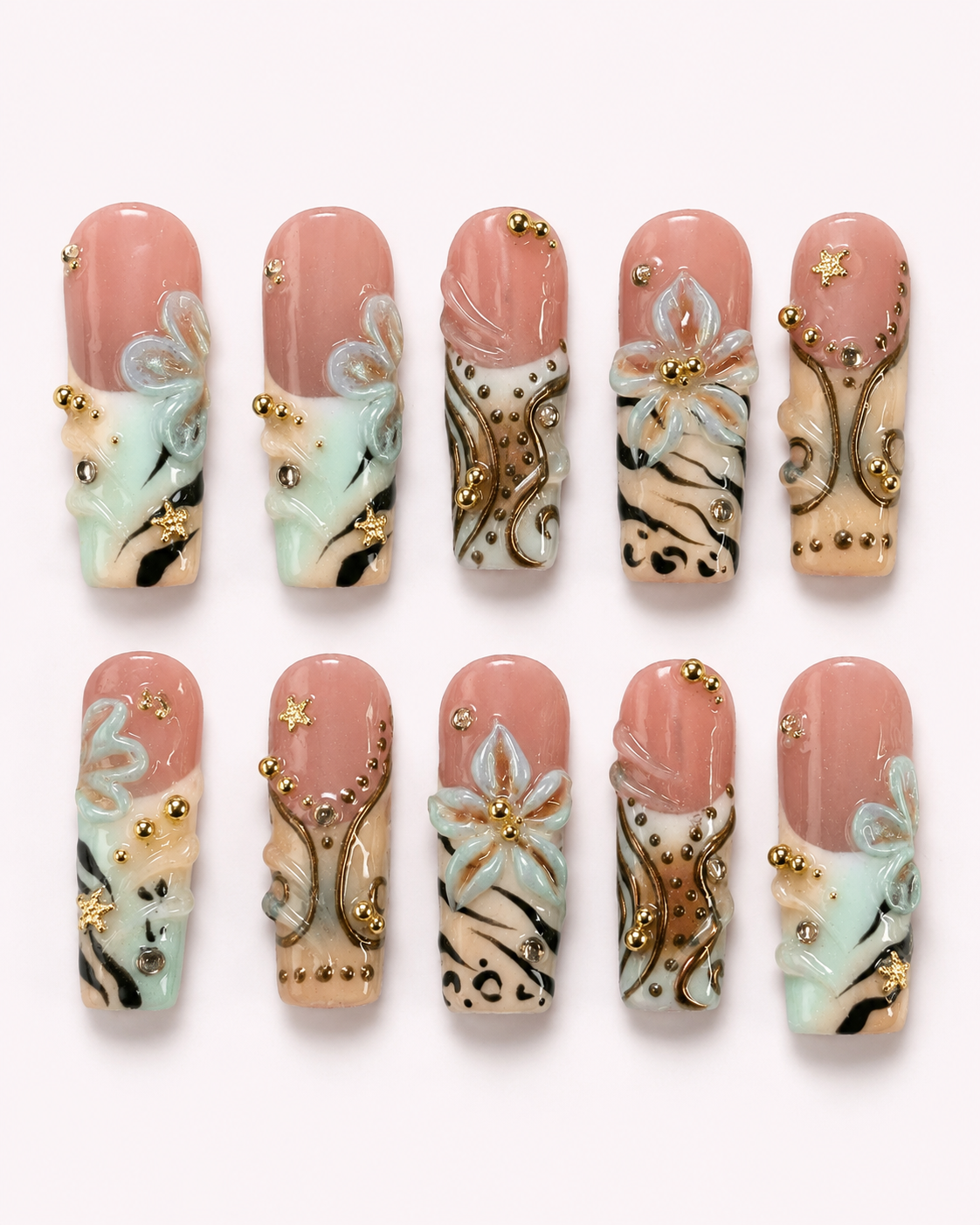 Seafoam Blossom Summer Press On Nails