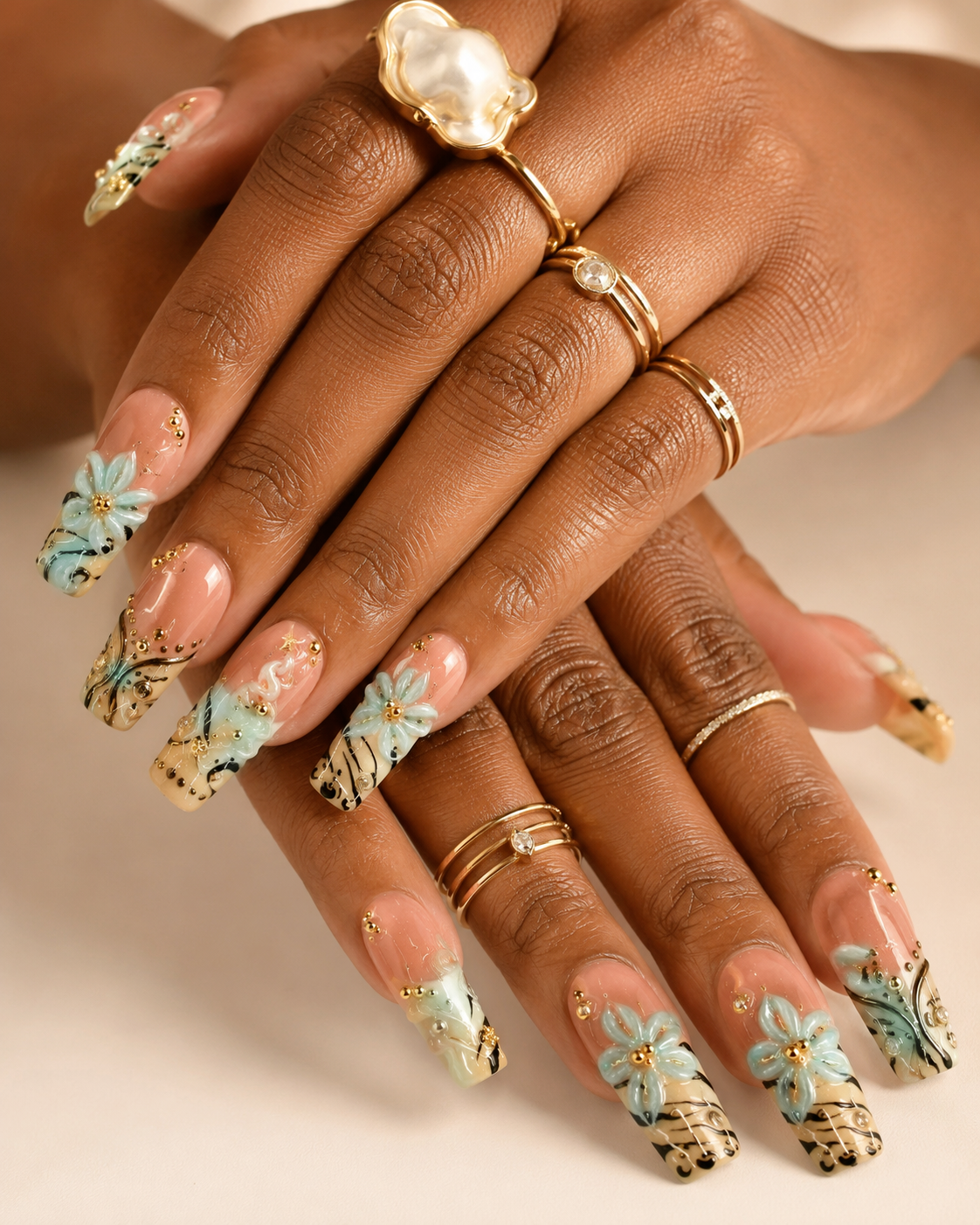 Seafoam Blossom Summer Press On Nails