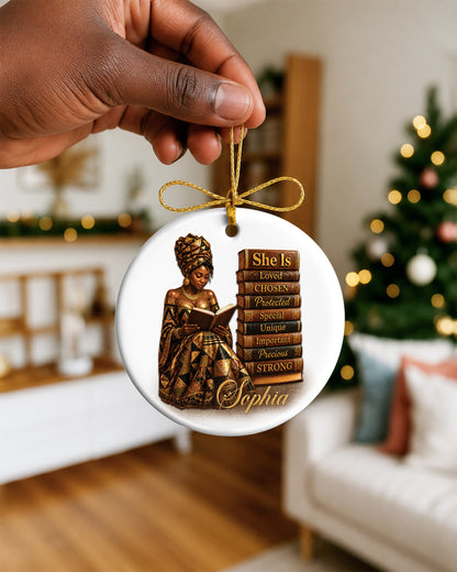 Personalized Black Heritage Ornament - African American Woman Reading Book Christmas Keepsake