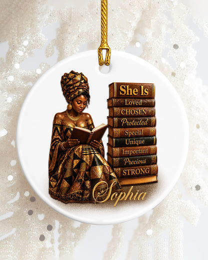Personalized Black Heritage Ornament - African American Woman Reading Book Christmas Keepsake
