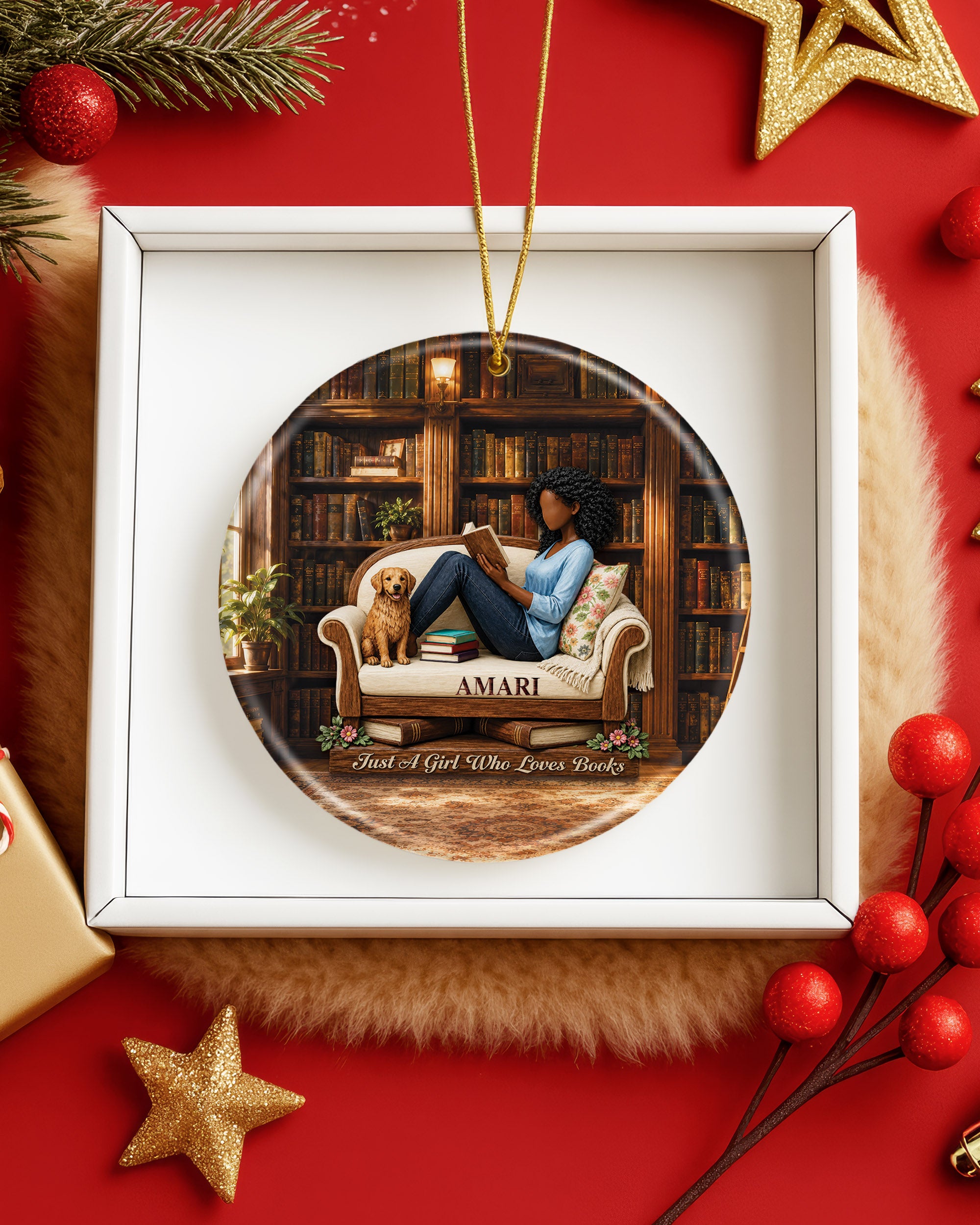 Black Girl Reading Ornament - African American Book Lover Christmas Ornament