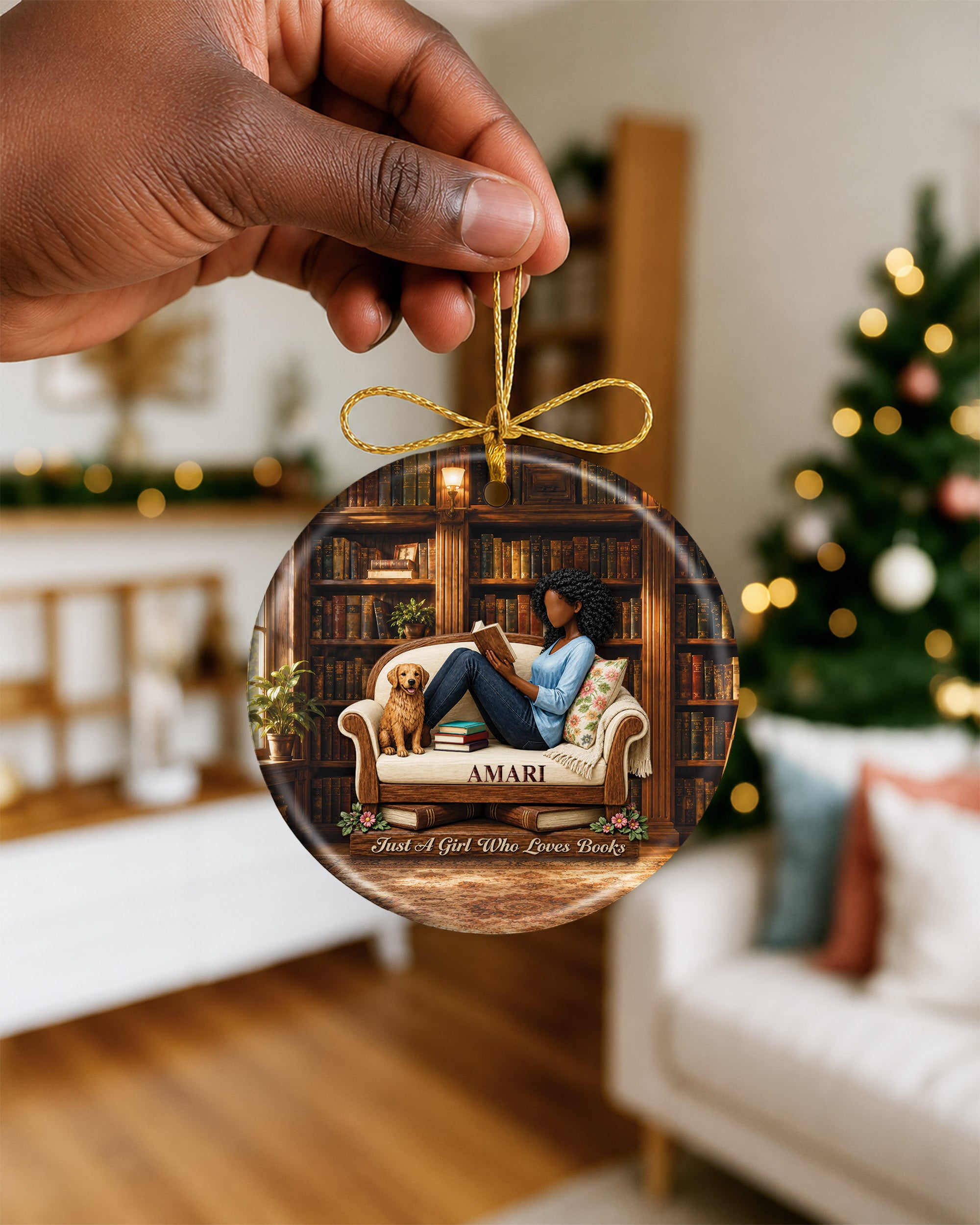 Black Girl Reading Ornament - African American Book Lover Christmas Ornament