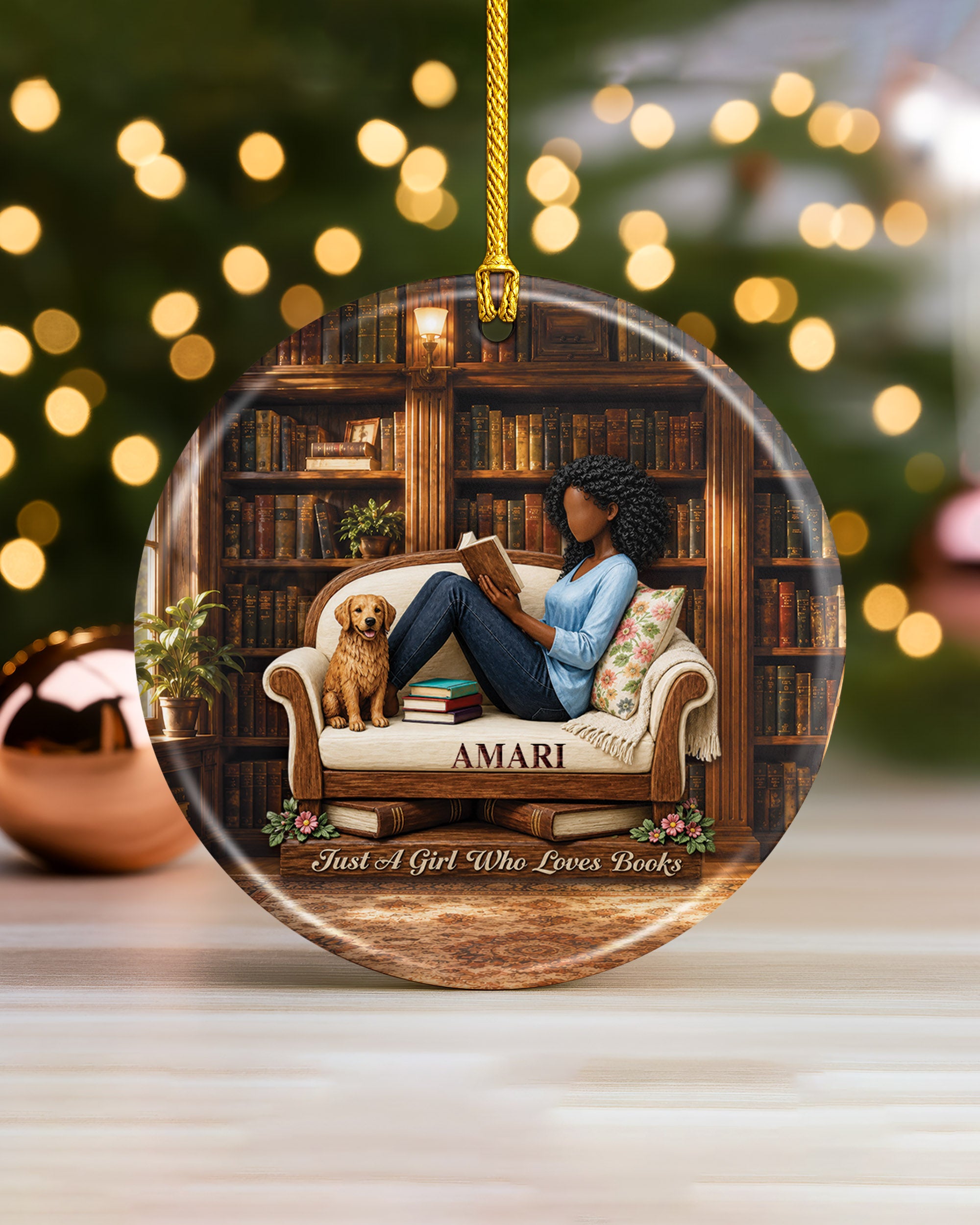 Black Girl Reading Ornament - African American Book Lover Christmas Ornament