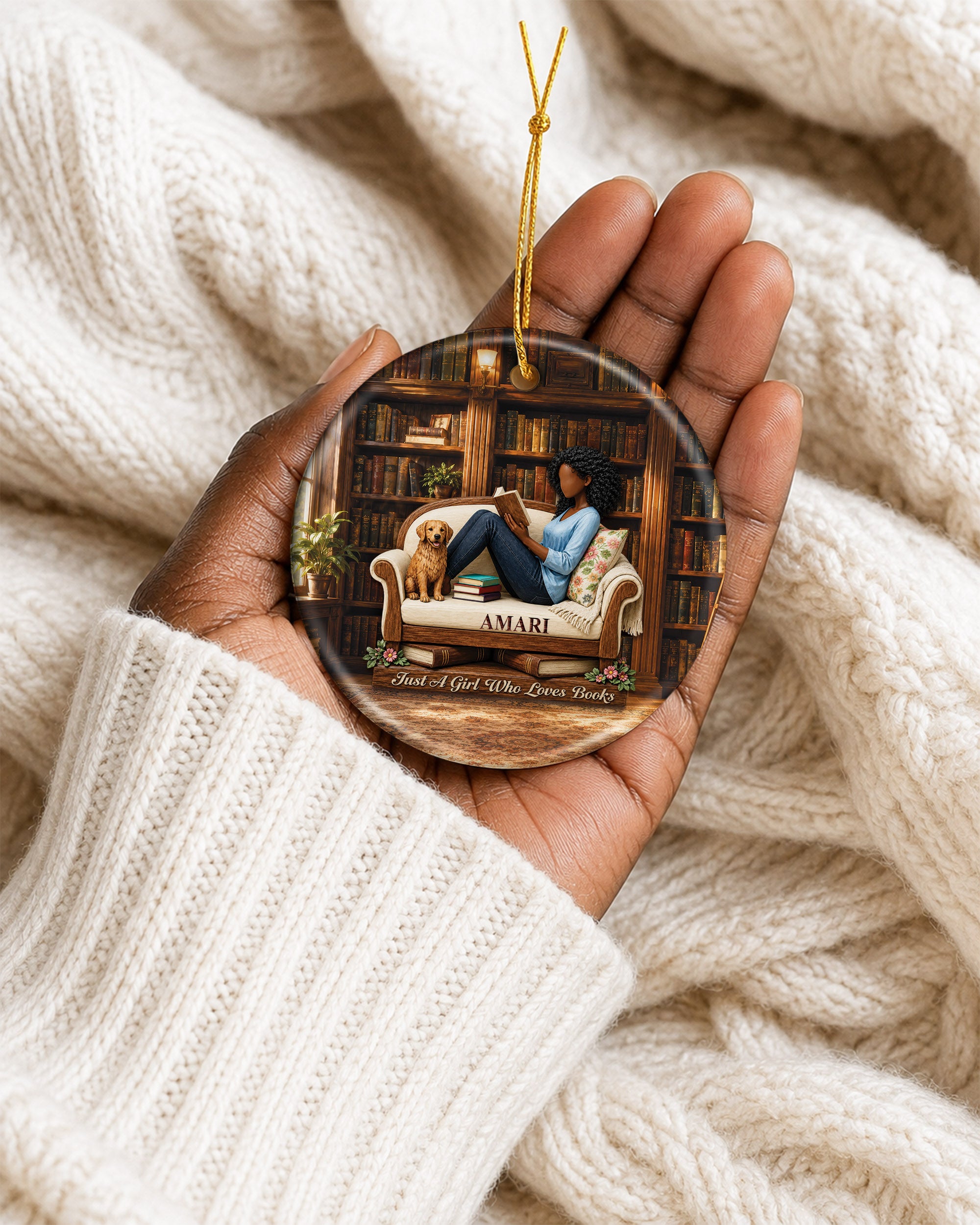 Black Girl Reading Ornament - African American Book Lover Christmas Ornament
