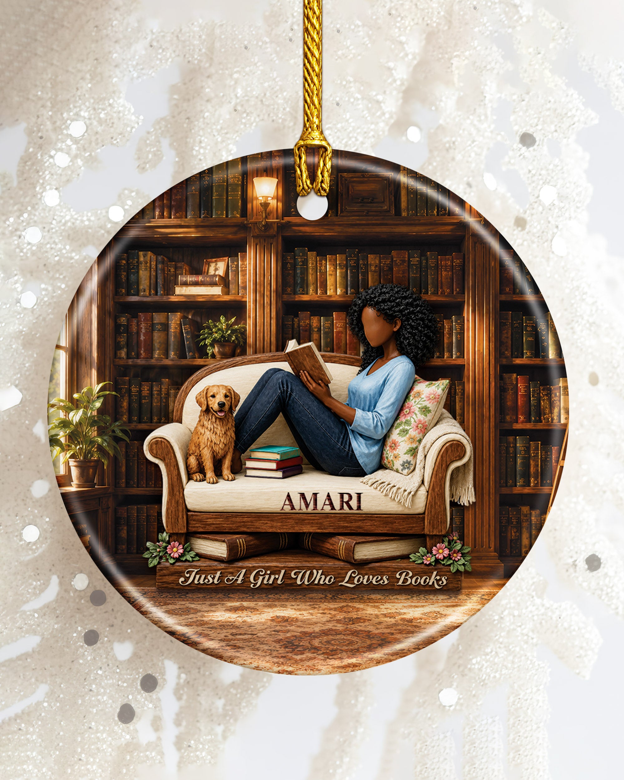 Black Girl Reading Ornament - African American Book Lover Christmas Ornament