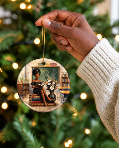 Black Woman Reading Book Christmas Ornament – Educated & Strong