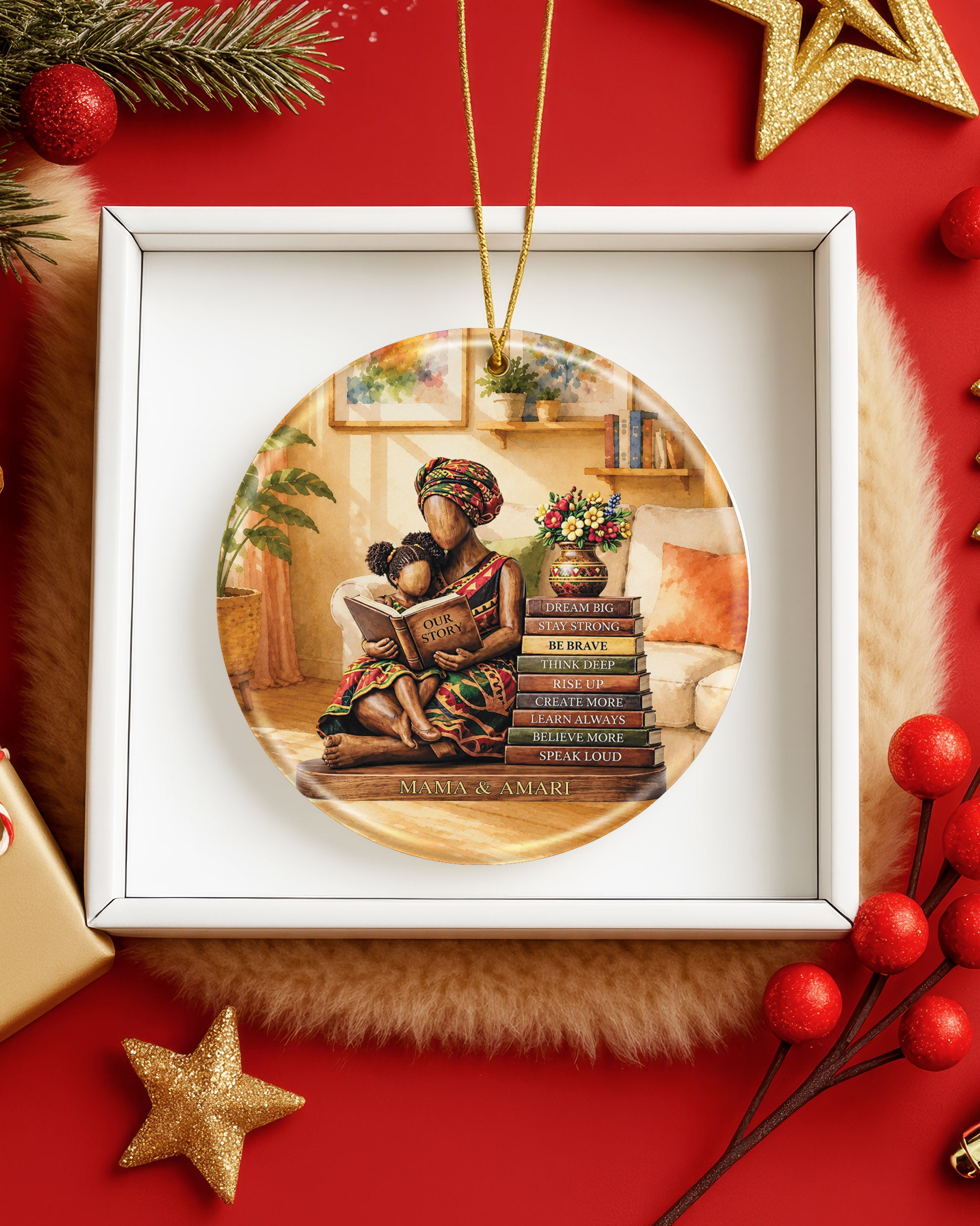 Black Mother & Child Reading Christmas Ornament – Our Story