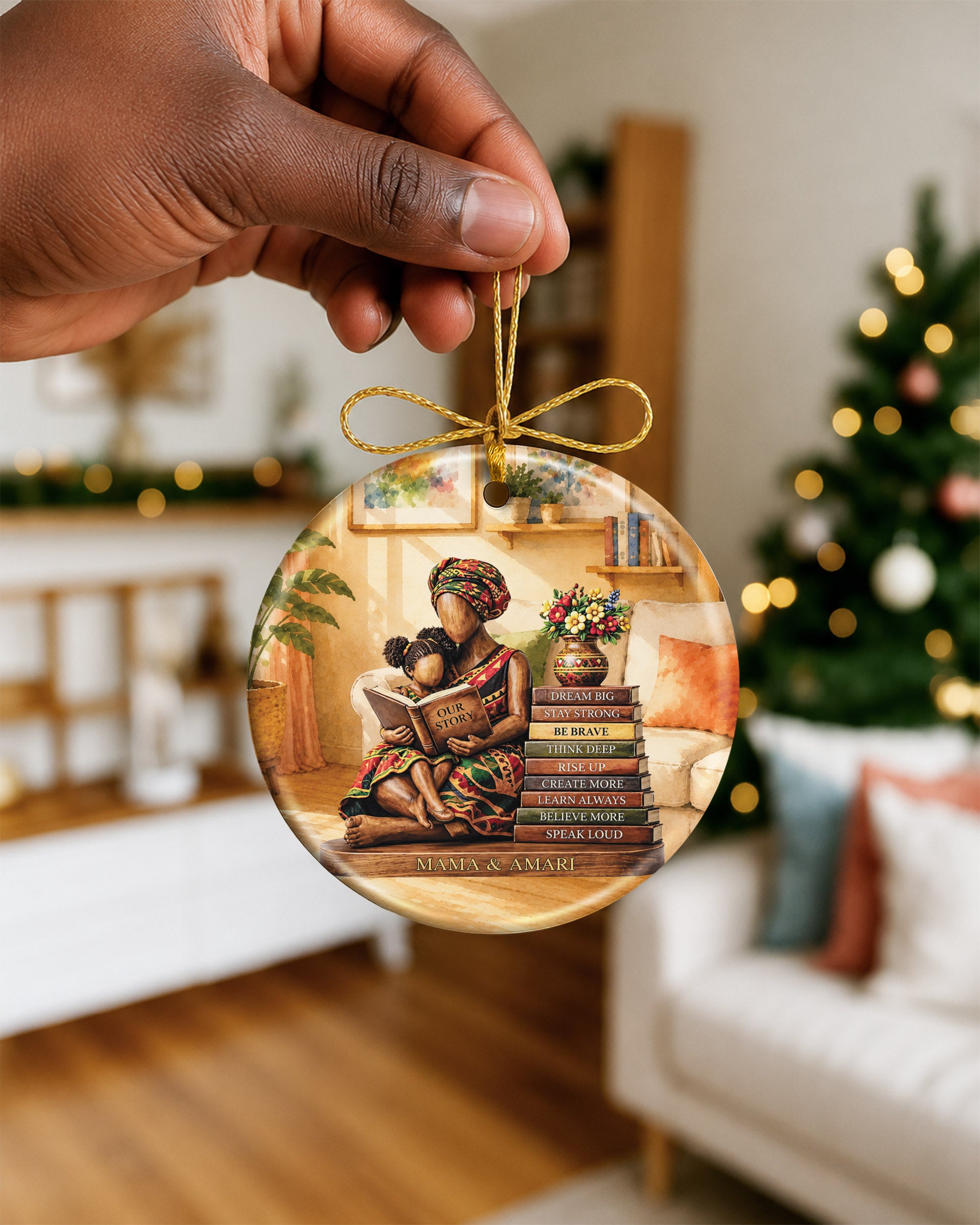 Black Mother & Child Reading Christmas Ornament – Our Story