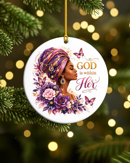 God Is Within Her Ornament - Black Woman Faith Christmas Keepsake